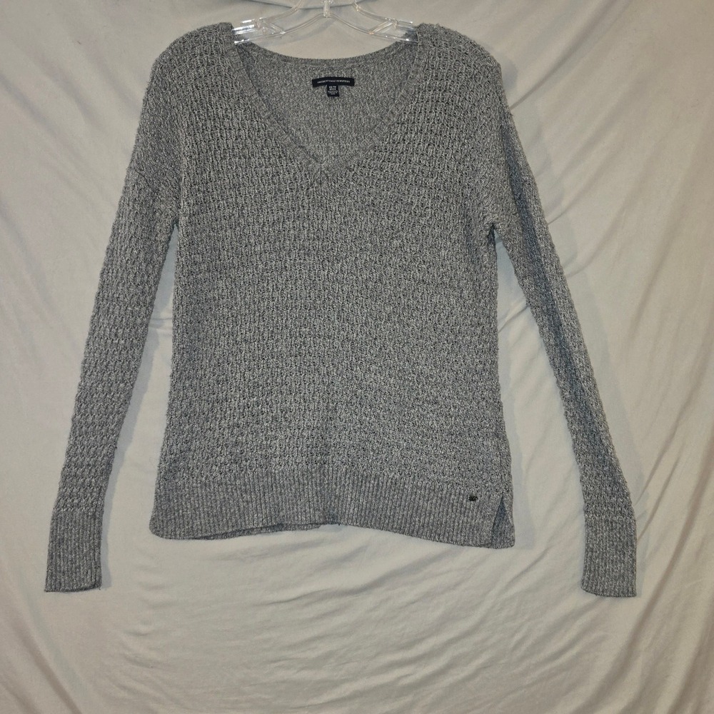 American Eagle Sweater XS Women Gray V-Neck Open Knit Cotton Blend Side Slit